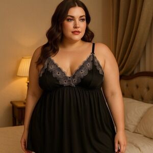 Cacique Black Lace Trim Babydoll Nightgown Dress Plus Size 22/24 Romantic